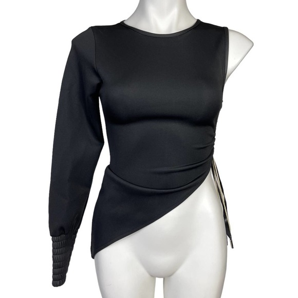 Maniere De Voir Tops - Maniere De Voir One Sleeve Top Size 6 Asymmetric Faux Leather Ruche Tassel
